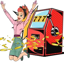 Lotty jumping in th eair in front of a red slot machine with coins flying all around