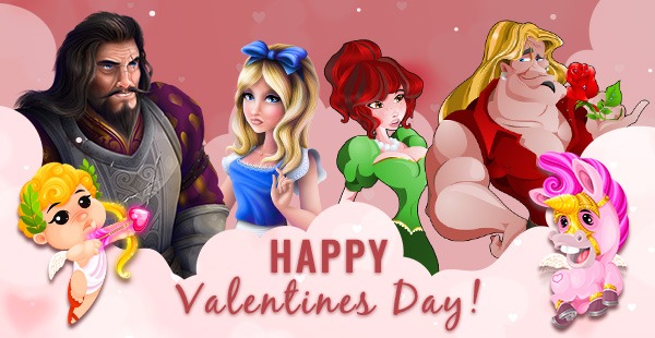 happy valentine's day from slots capital, various slot characters are on cloud 9