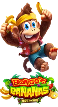 Character from Bongo's Banana's slot game jumping in the air above the game logo with bright yellow bananas all around