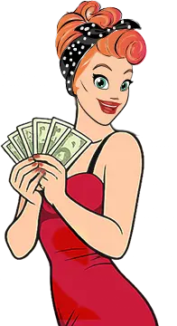 Slots Capital mascot holding cash in a red dress, promoting rewards and offers