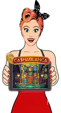 Slots Capital mascot presenting a Casablanca-themed slot game on a tablet