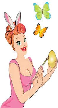 Slots Capital mascot in a pink dress painting a gold easter egg