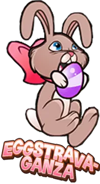 Eggetravaganza bunny holding an egg and jumping above the game title for the slot "Eggstravaganza"