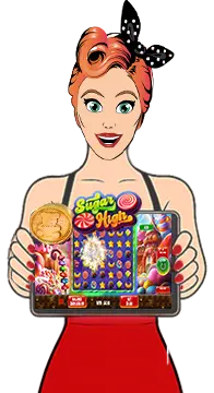 Slots Capital mascot presenting a candy-themed slot game on a tablet